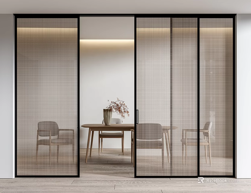 Elegant Modern Sliding Doors With Grid Design In Dining Room Interior 3d model 