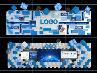 Exhibition Hall Culture Wall With Geometric Design Logo And Digital Display Screens 3d model