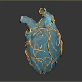 Human Heart 3D Rendered Blue With Yellow Vascular Texture Detailed Anatomical Chest Organ