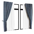 Dark Blue Curtains With White Sheer Panels And Black Window Frames Using Tiebacks