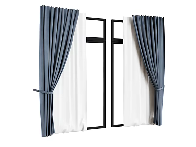 Dark Blue Curtains With White Sheer Panels And Black Window Frames Using Tiebacks 3d model