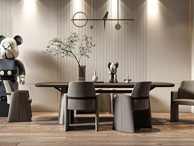Modern Minimalist Dining Table Set With Gray Chairs Green Plant Vase And Pendant Light 3d model