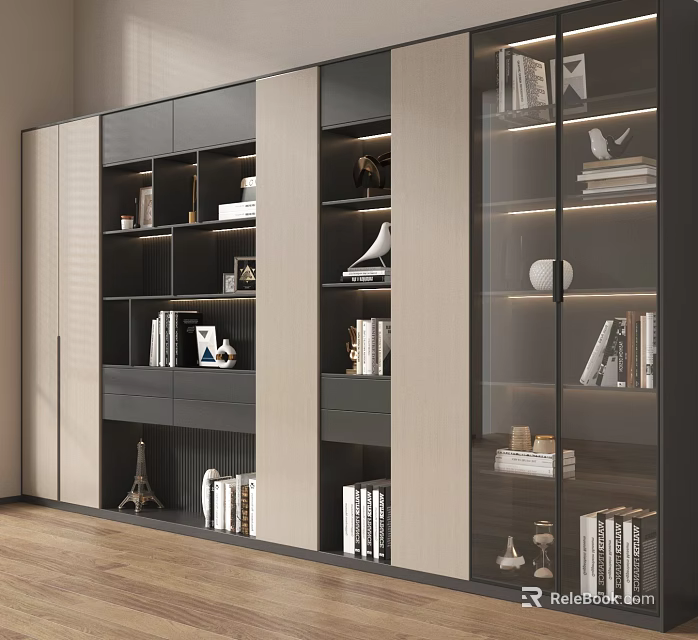 Modern Bookcase With Glass Doors Multiple Compartments Books And Decorative Items 3d model 