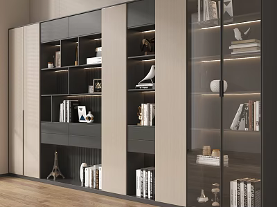 Modern Bookcase With Glass Doors Multiple Compartments Books And Decorative Items 3d model