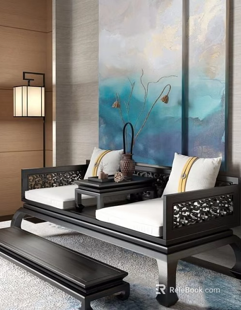 Traditional Chinese Luohan Bed With Intricate Carvings White Cushions And Tea Table 3d model 