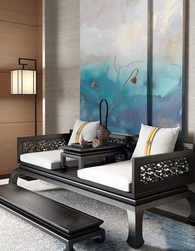 Traditional Chinese Luohan Bed With Intricate Carvings White Cushions And Tea Table 3d model