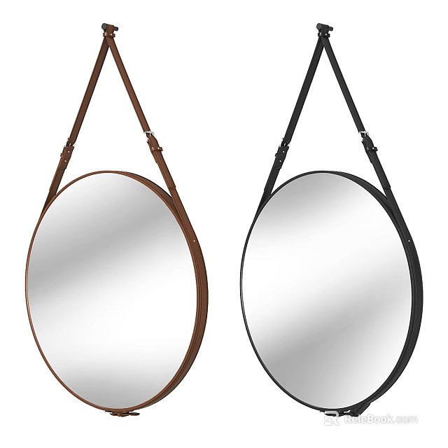 Round Hanging Mirrors With Brown And Black Leather Straps For Home Decor 3d model 