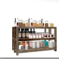 Wooden Kitchen Display Shelf With Layers Of Grains Spices Jars And Containers