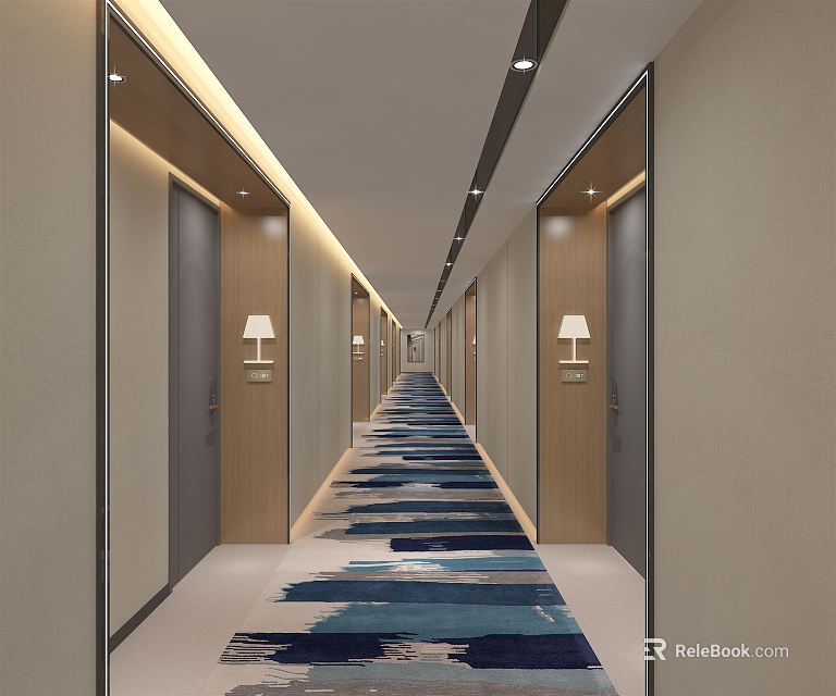 Hotel Corridor With Modern Design Long Passage Wall Lamps Doors On Both Sides And Abstract Carpet 3d model 