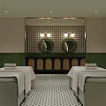 Tranquil Spa Interior With Green Walls Arched Decor Lush Plants Massage Beds And Checkered Floor