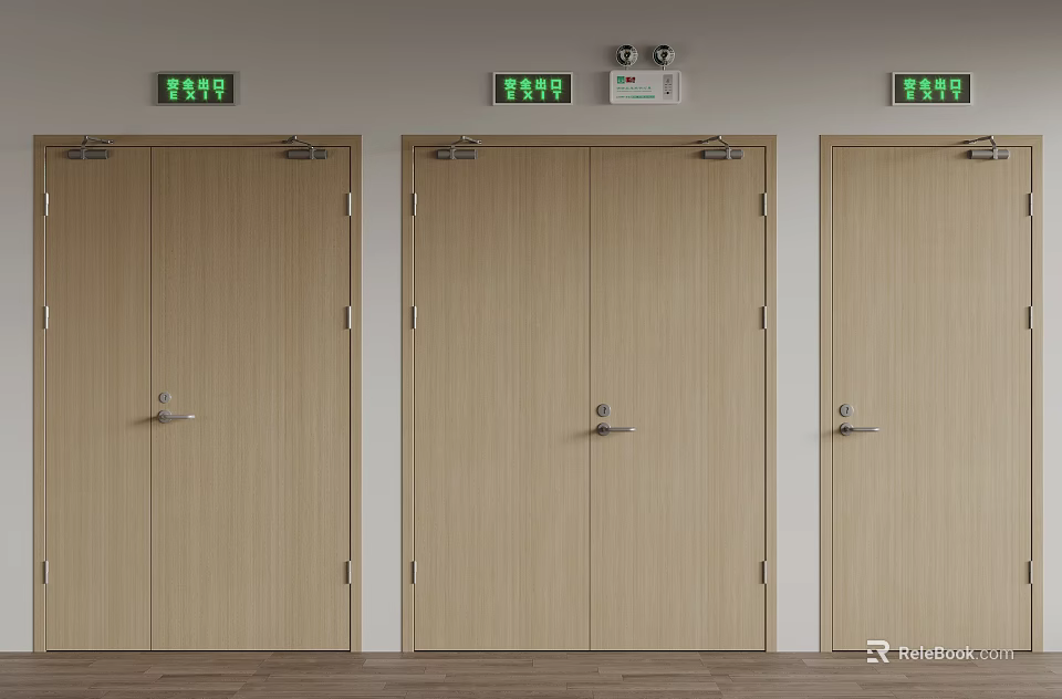 Wooden Exit Doors With Green Exit Signs And Fire Alarm Devices In Indoor Setting 3d model 