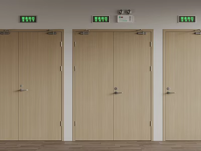 Wooden Exit Doors With Green Exit Signs And Fire Alarm Devices In Indoor Setting 3d model