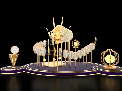 Golden Dragon Themed Photo Spot With Circular Lights And Purple Base Decorative Design 3d model