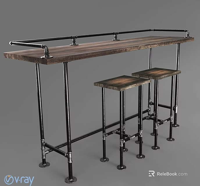 Industrial Style Bar Table Set with Wooden Top Metal Frame and Two Matching Stools 3d model 
