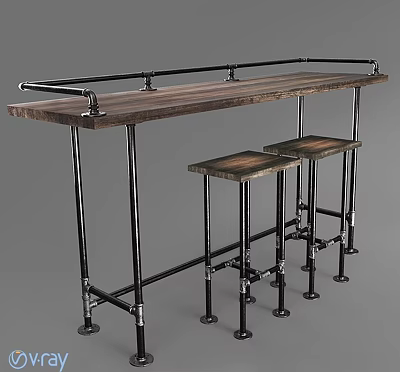 Industrial Style Bar Table Set with Wooden Top Metal Frame and Two Matching Stools 3d model