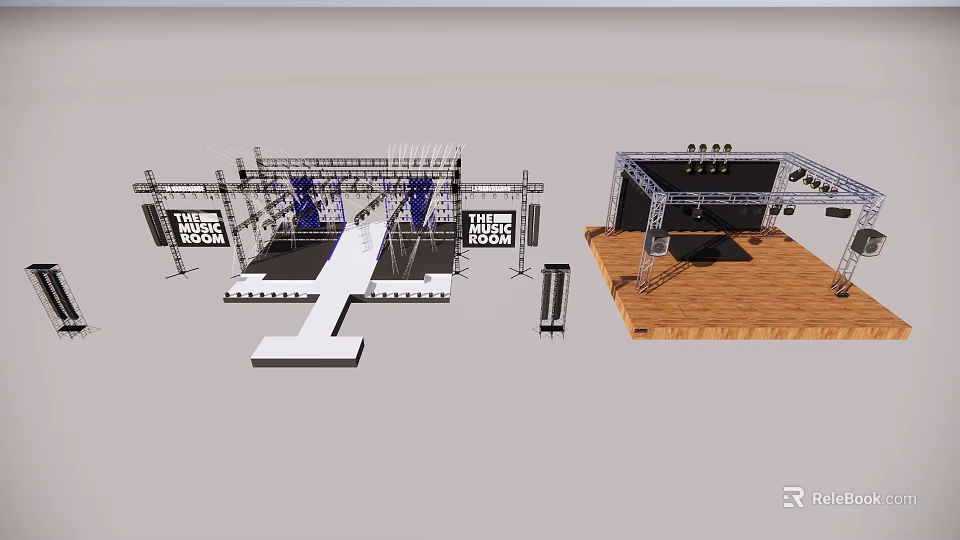Stage Design With Metal Truss White Steps Black Backdrops And Lighting Equipment 3d model 