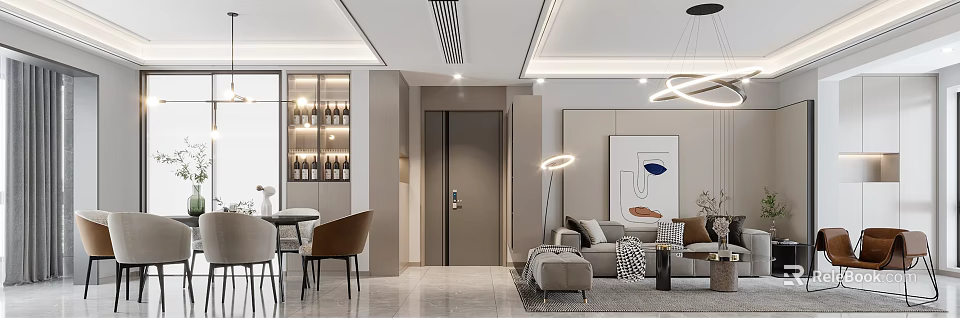 Modern Living and Dining Room Interior Design With Sofa Dining Set And Wall Decor 3d model