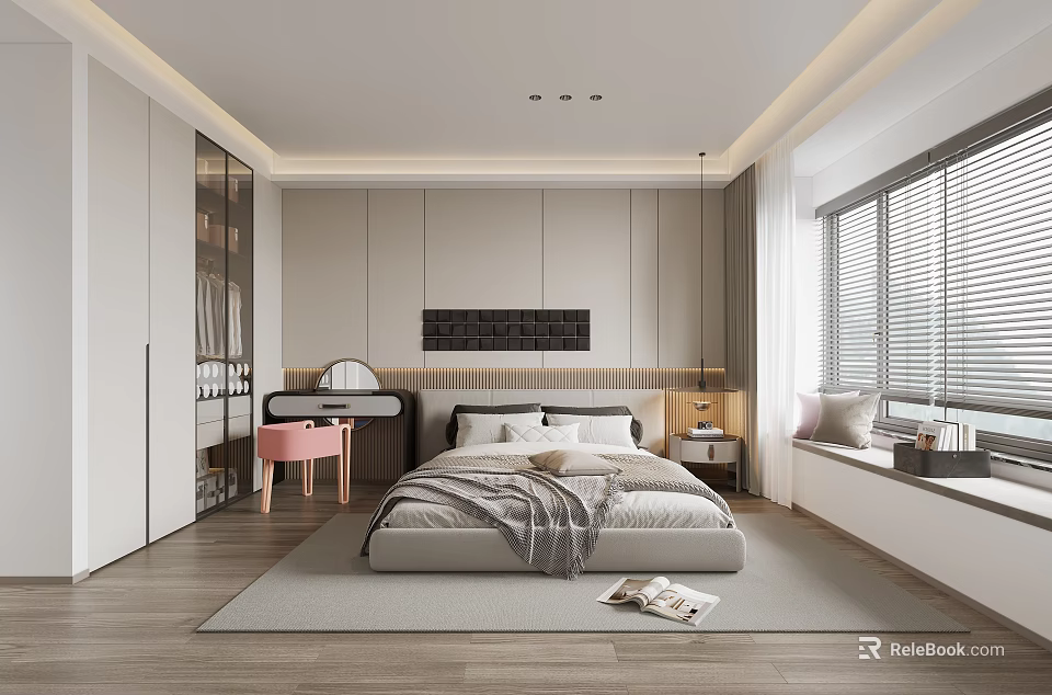 Modern Bedroom Interior Design With Bedside Table Window Blinds Rug And Dressing Table 3d model
