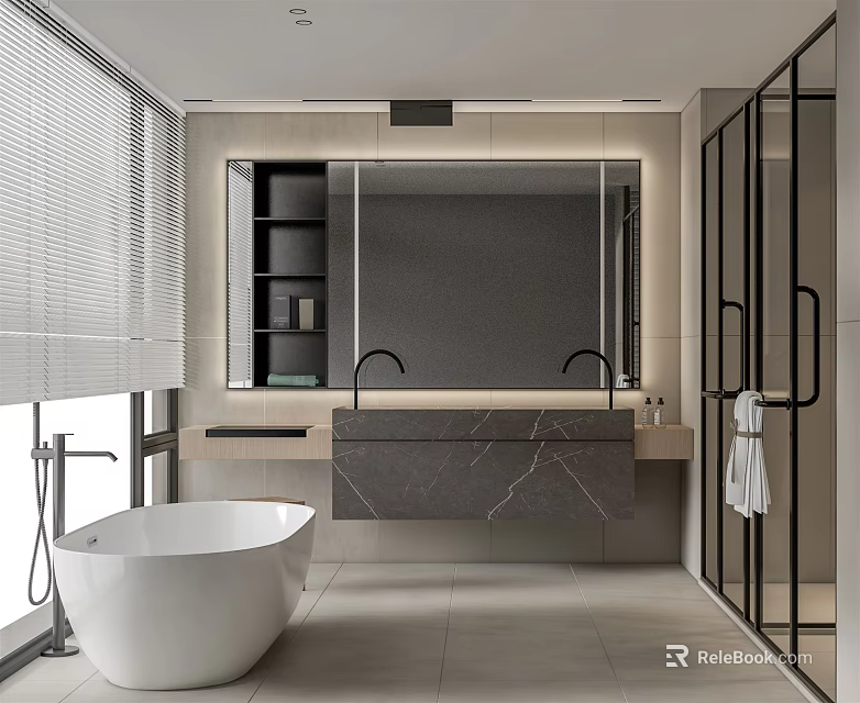 Modern Bathroom Interior With White Bathtub Marble Countertop Large Mirror Open Shower And Window Blinds 3d model 