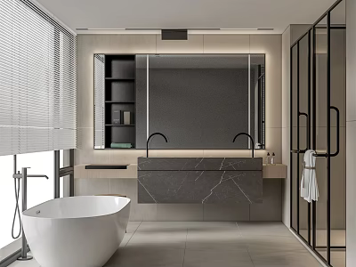 Modern Bathroom Interior With White Bathtub Marble Countertop Large Mirror Open Shower And Window Blinds 3d model