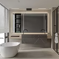 Modern Bathroom Interior With White Bathtub Marble Countertop Large Mirror Open Shower And Window Blinds
