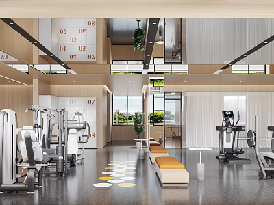 Modern Fitness Gym Interior With Workout Equipment Treadmills Weight Machines And Spacious Exercise Area 3d model