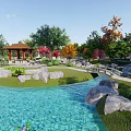 Beautiful Garden Landscape With Ponds Pavilion Green Plants Colorful Flowers And Pathways
