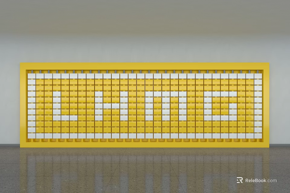 Yellow Frame Display Board With White Blocks Spelled LNMG On Reflective Floor 3d model