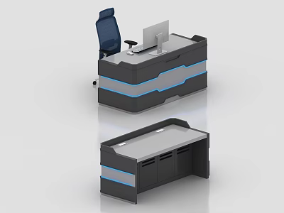 Modern Black And Blue Monitoring Room Control Console With Computer Monitor And Chair 3d model