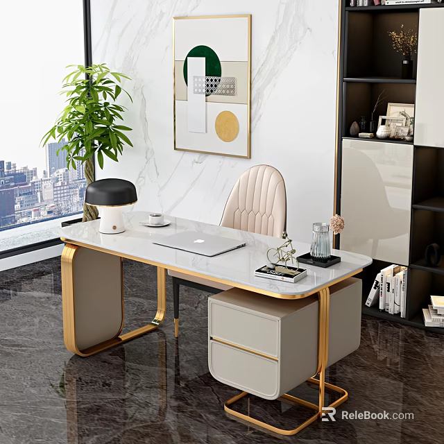 Modern Office Desk with Golden Legs White Marble Top Laptop Lamp Green Plant City View 3d model 