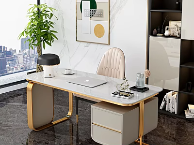Modern Office Desk with Golden Legs White Marble Top Laptop Lamp Green Plant City View 3d model