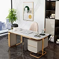 Modern Office Desk with Golden Legs White Marble Top Laptop Lamp Green Plant City View