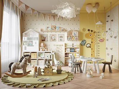 Kids Room Interior With Yellow Walls Bunting Flags Giraffe Stickers Rocking Horse And Bookshelves 3d model