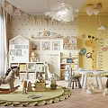 Kids Room Interior With Yellow Walls Bunting Flags Giraffe Stickers Rocking Horse And Bookshelves