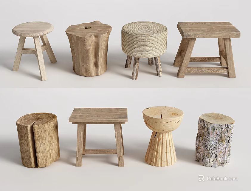 Collection of Various Wooden Stools with Natural Log Shapes Handwoven Seats and Rustic Legs 3d model 