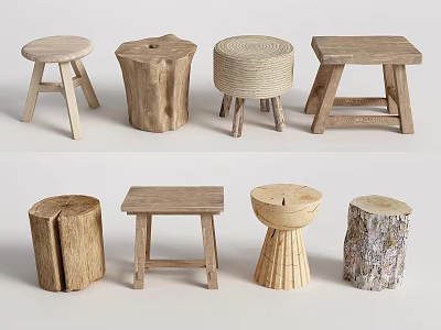 Collection of Various Wooden Stools with Natural Log Shapes Handwoven Seats and Rustic Legs 3d model