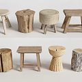 Collection of Various Wooden Stools with Natural Log Shapes Handwoven Seats and Rustic Legs