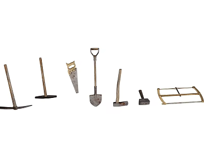 Various Hardware Tools With Shovel Hammer Hoe Crowbar And Trowel For DIY Projects 3d model
