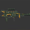 Green Futuristic Sniper Rifle With Scope Yellow Orange Details And Modern Design