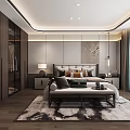 Modern Bedroom Interior Design With Wooden Furniture Mountain Pattern Wall And Area Rug