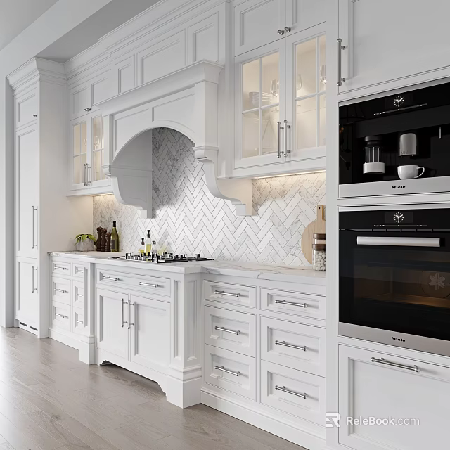 Modern White Kitchen With Built in Appliances Oven Coffee Maker And Countertop 3d model 