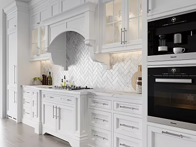 Modern White Kitchen With Built in Appliances Oven Coffee Maker And Countertop 3d model