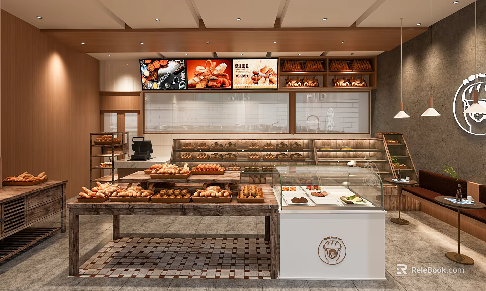Warm Mall Bakery Shop With Fresh Breads Pastries Glass Display Cases And Wooden Counters 3d model 
