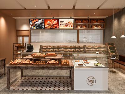 Warm Mall Bakery Shop With Fresh Breads Pastries Glass Display Cases And Wooden Counters 3d model