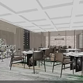 Modern Restaurant Interior With Wooden Walls Dining Tables Chairs Grid Ceiling And Decorative Countertop