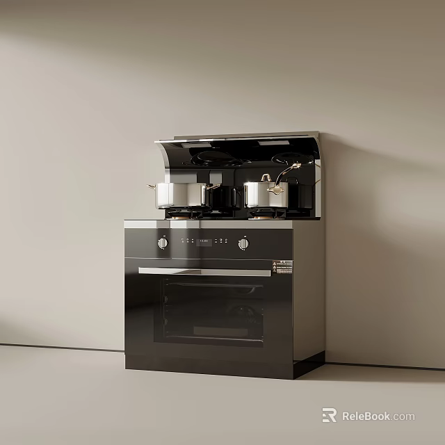 Modern Black Silver Integrated Kitchen Appliance With Stove Hood Oven And Pots 3d model 