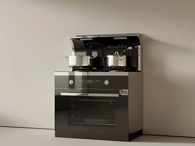 Modern Black Silver Integrated Kitchen Appliance With Stove Hood Oven And Pots 3d model