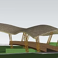 Landscape Bridge With Curved Roof Surrounded By Trees And Stone Path 3d model