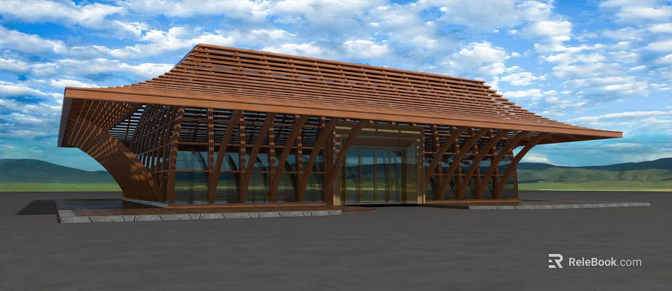 Modern Wooden Building With Wavy Roof Design And Large Glass Windows 3d model 