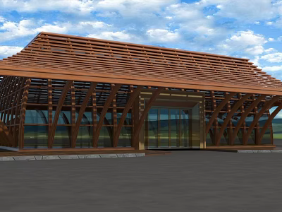 Modern Wooden Building With Wavy Roof Design And Large Glass Windows 3d model